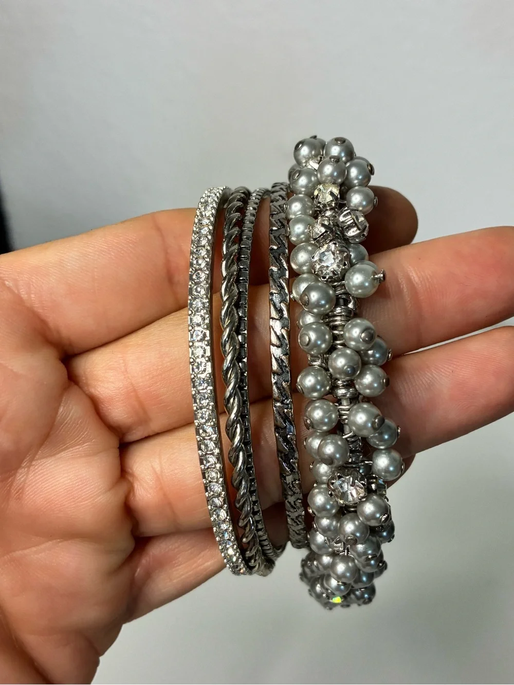 Silver Pearl & Crystal Stretch Bracelet with Stackable Bangle Set Lot of 5